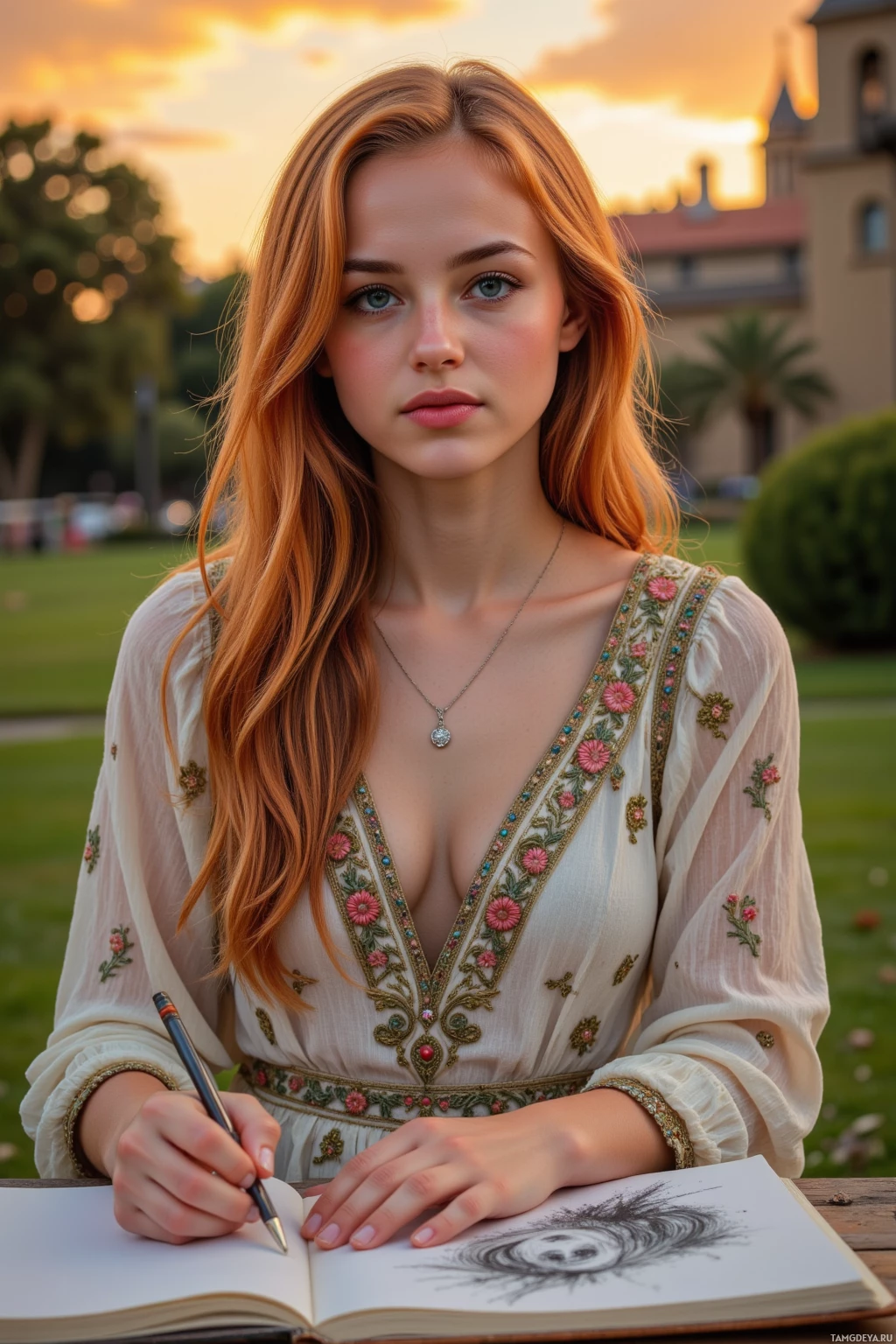 A person with long red hair wearing an embroidered dress is sketching in a notebook outdoors at sunset.
