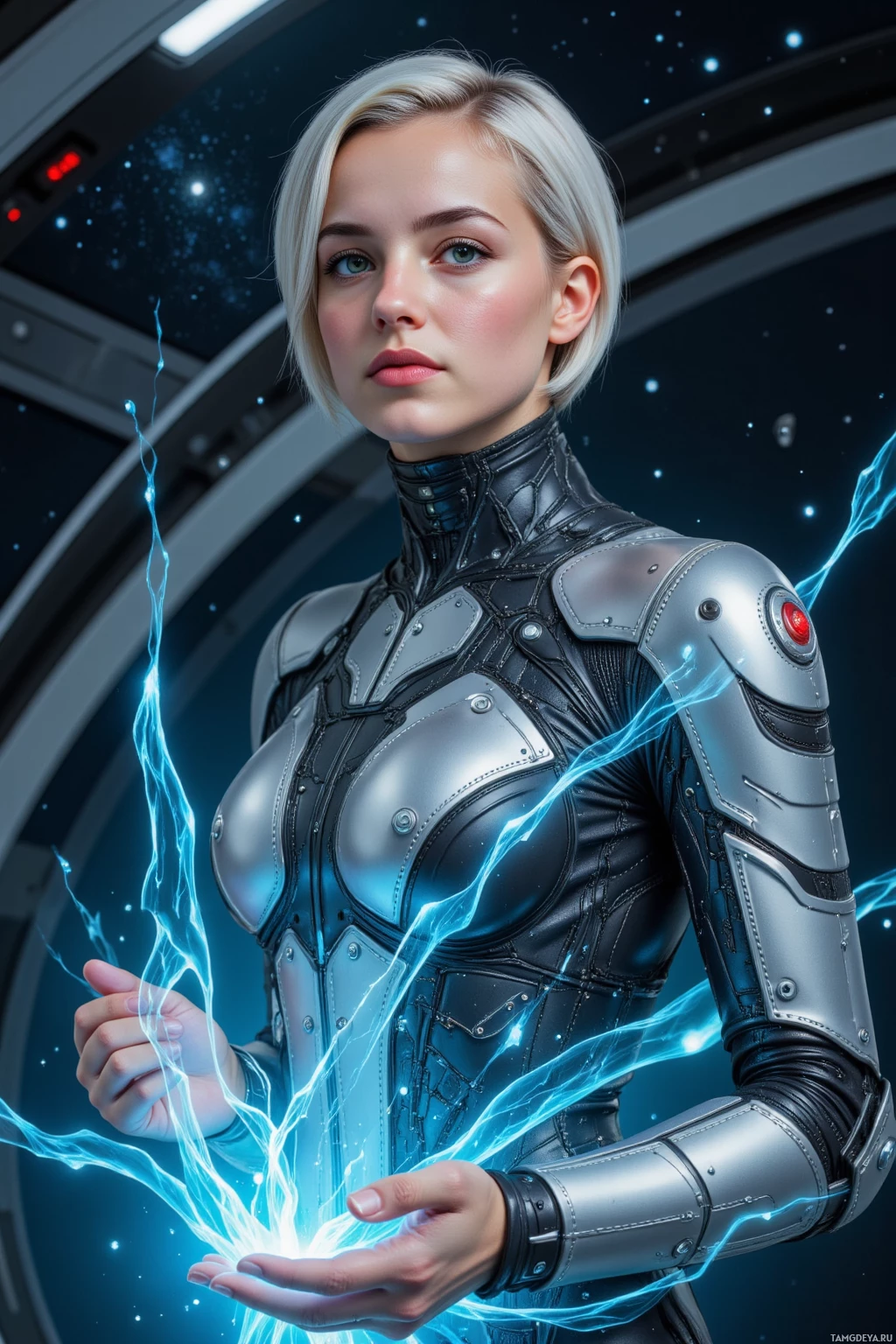 A person in a futuristic, armored suit with glowing blue energy emanating from their hands.