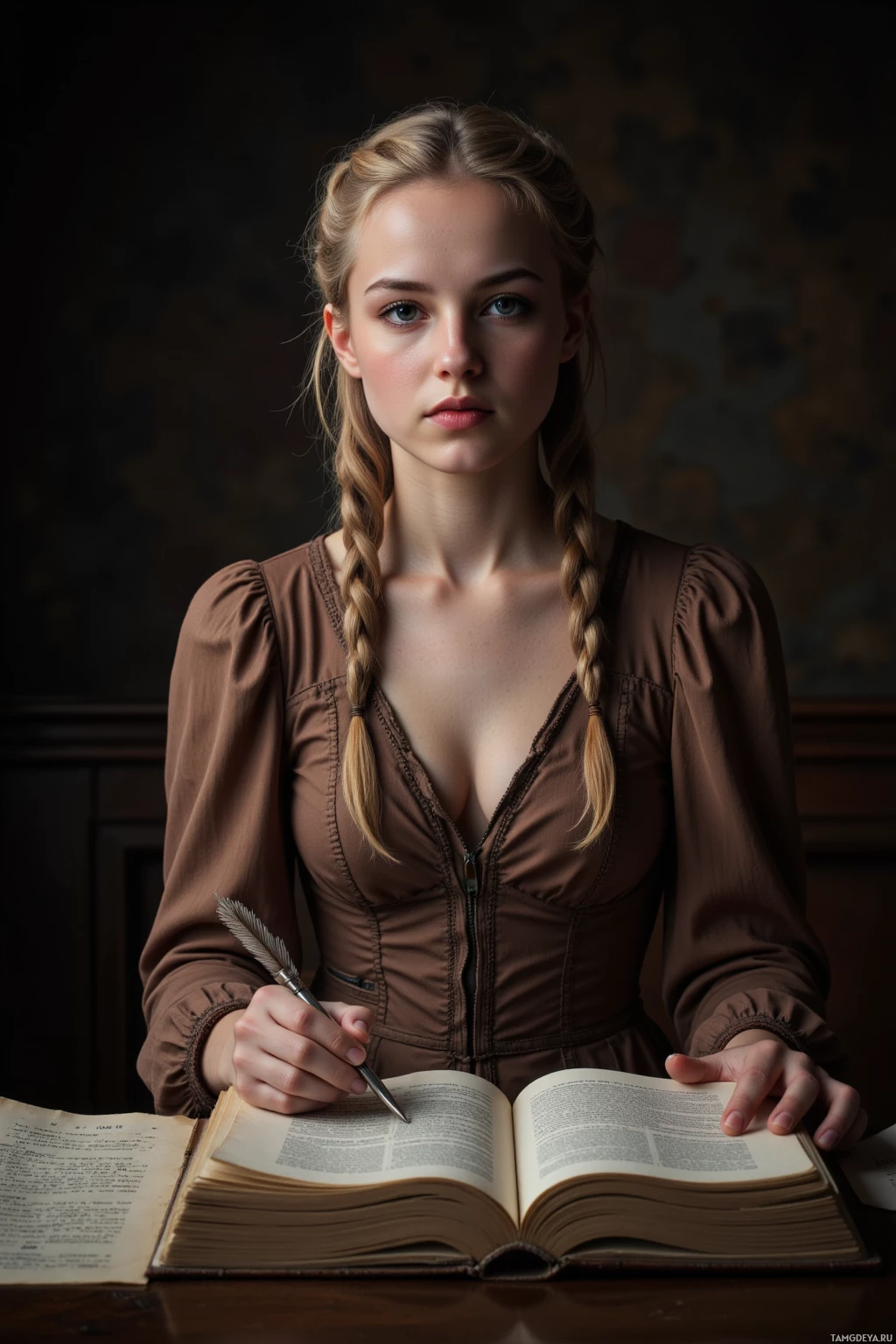 A person in historical attire is seated at a table with an open book and a quill pen.