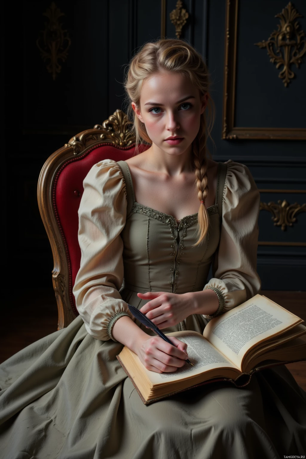 A person in a historical-style dress sits on an ornate chair, holding a quill and an open book.