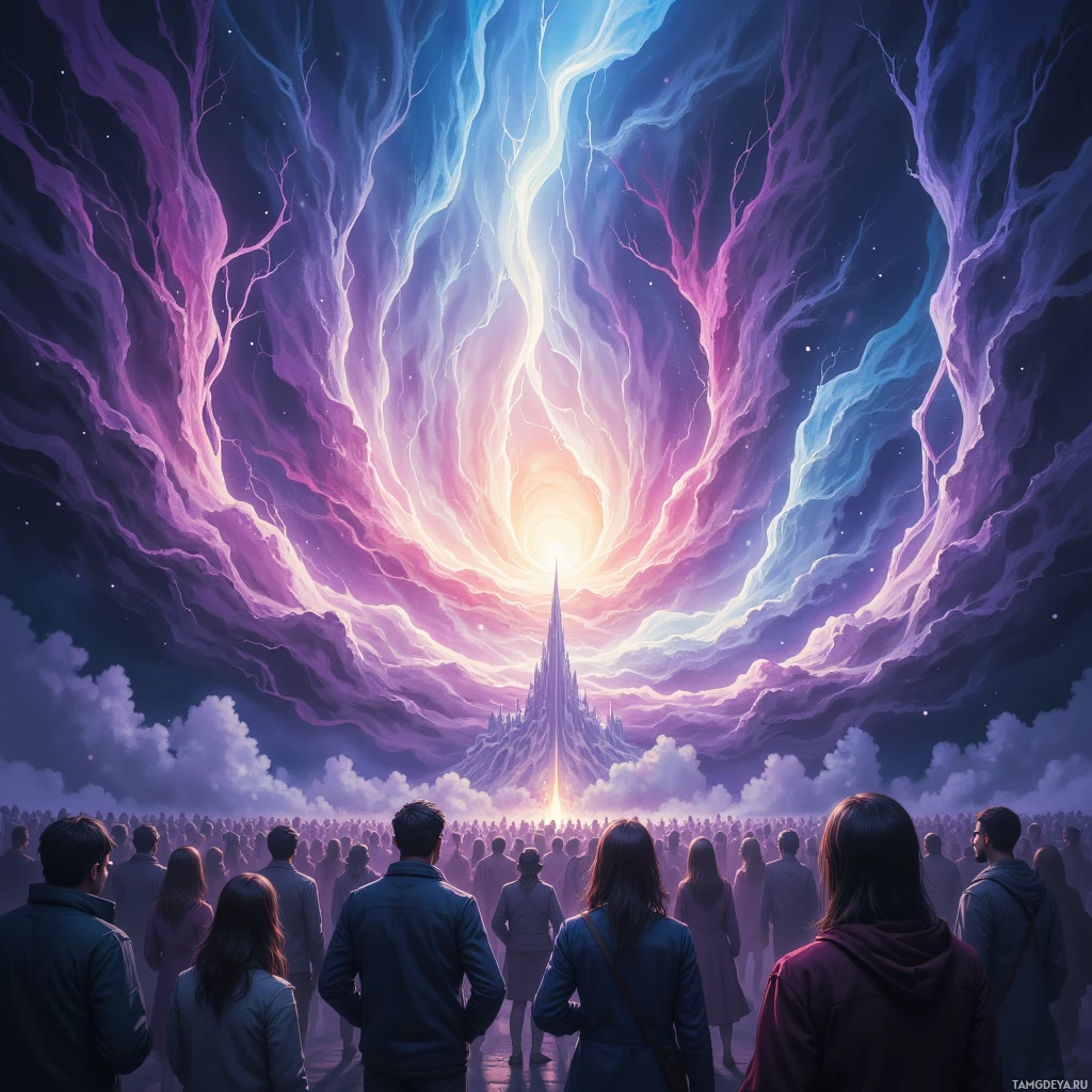 A crowd gazes at a glowing portal in the sky with colorful, ethereal tendrils surrounding it.