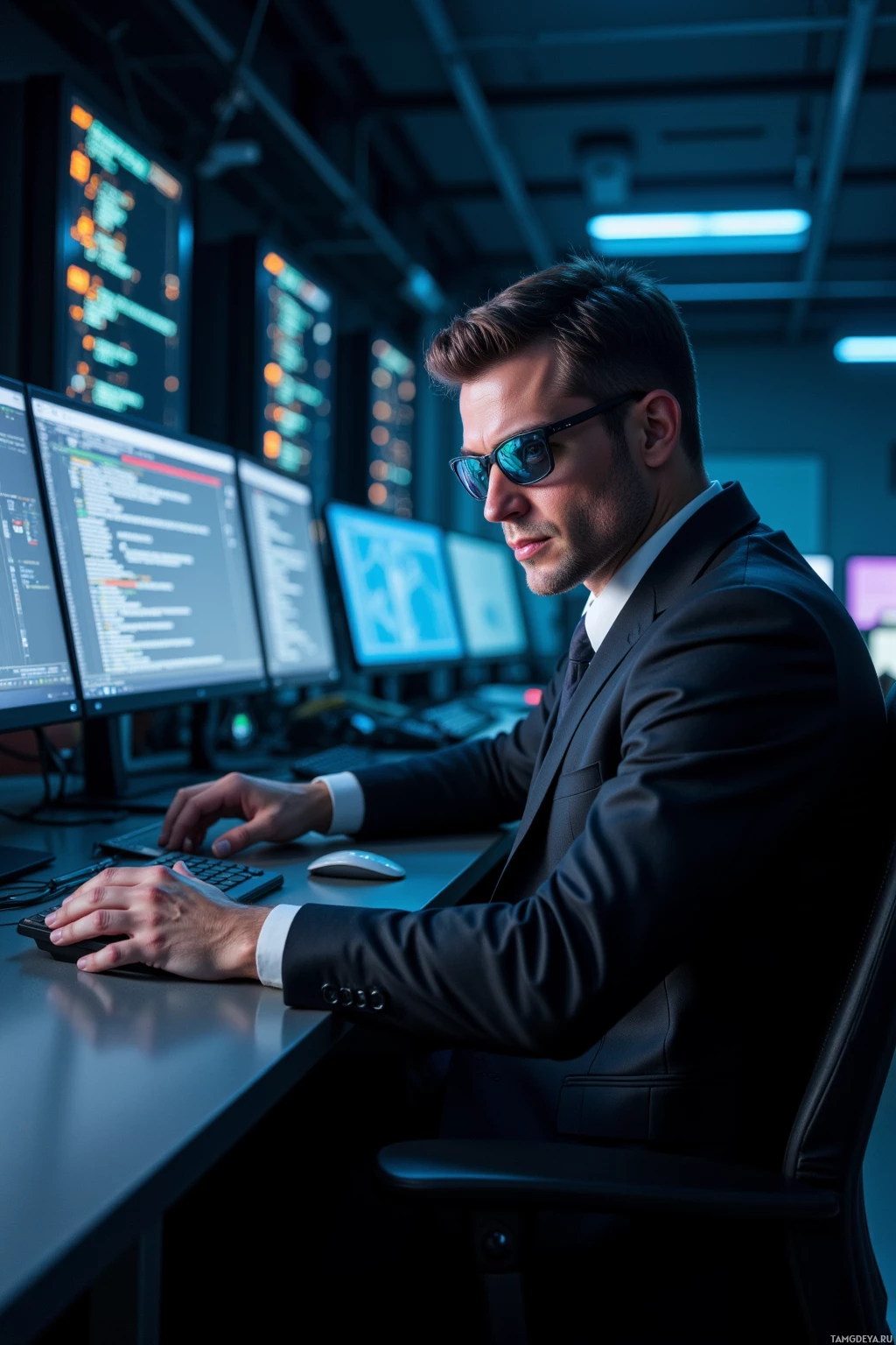 A man in a suit works at a desk with multiple computer monitors in a dimly lit room.
