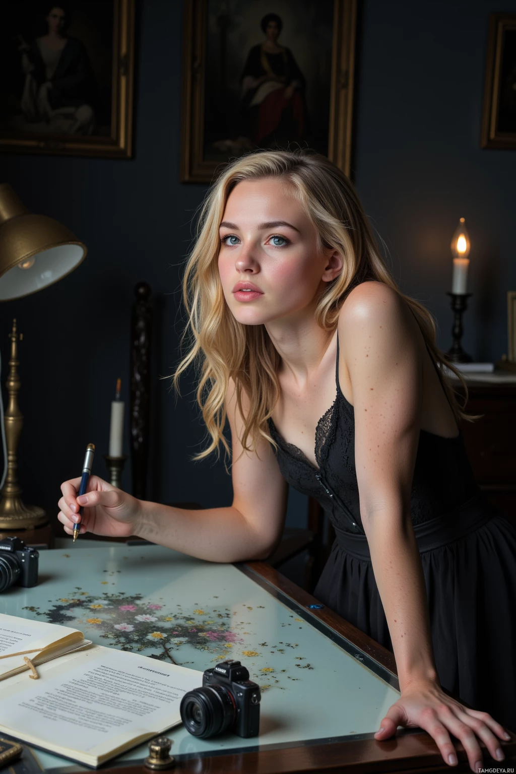 A woman leans on a desk with a camera and book, surrounded by vintage decor.
