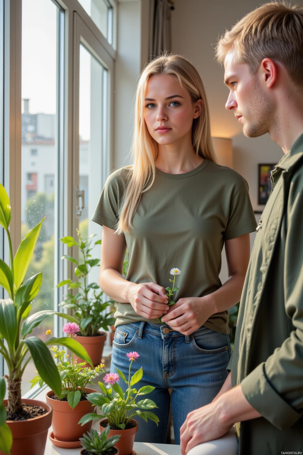 Two individuals stand near a window with potted plants, one holding a small flower.
