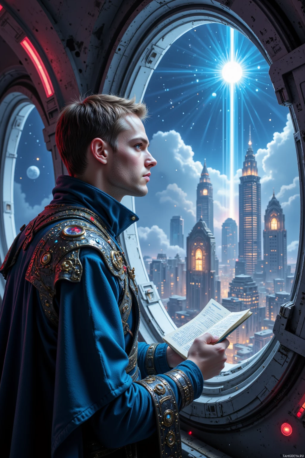 A person in ornate armor reads a book while gazing out at a futuristic cityscape.