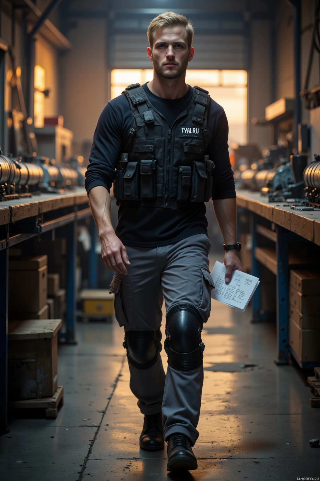 A person in tactical gear walks through an industrial setting holding papers.