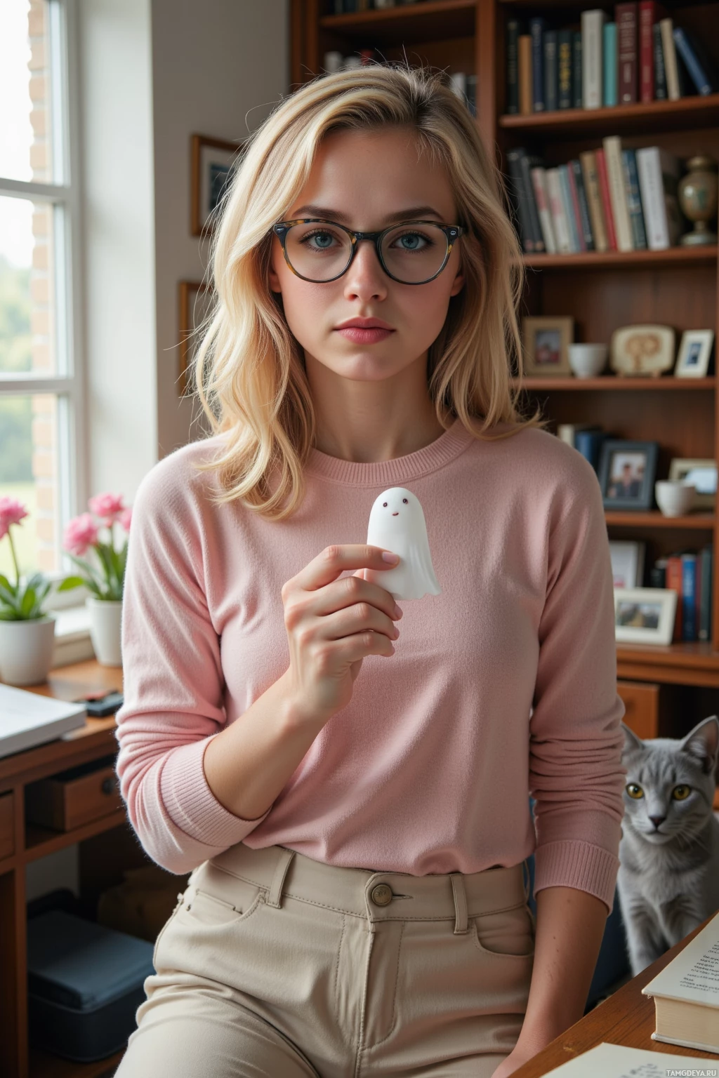 A person in a pink sweater holds a small ghost-shaped object, with a cat and bookshelf in the background.