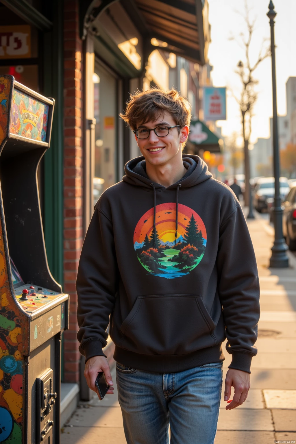 A person wearing a hoodie with a scenic design stands on a sidewalk near an arcade machine.