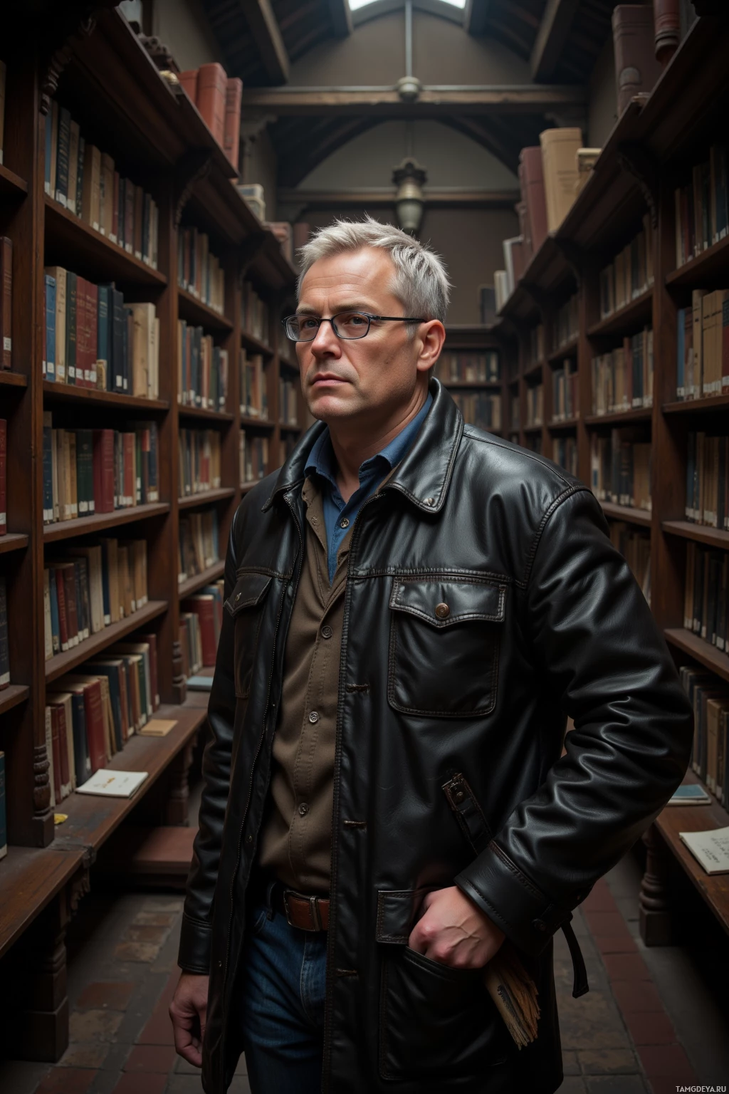A man in glasses and a leather jacket stands in a library aisle lined with bookshelves.