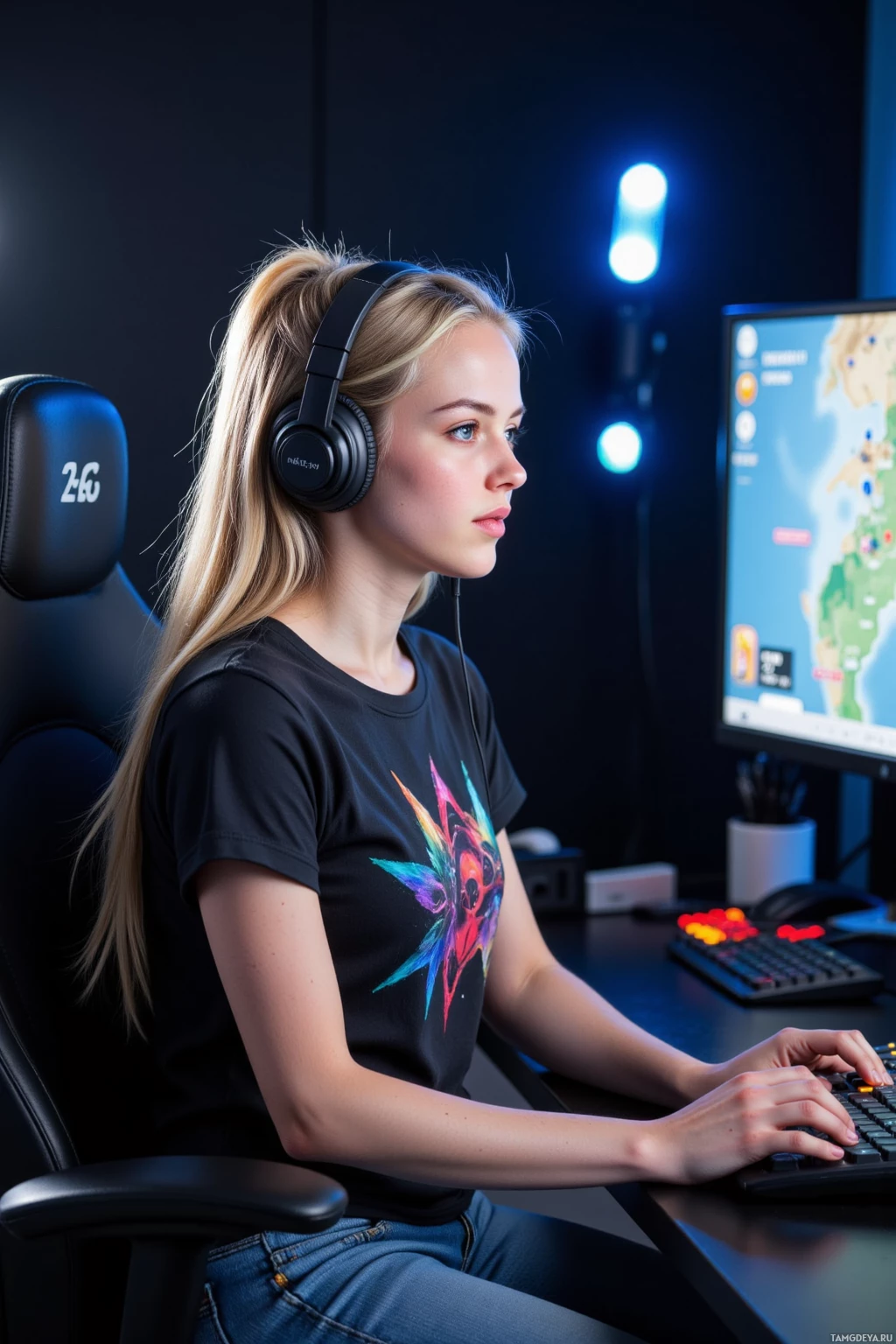 A person wearing headphones sits at a desk, focused on a computer screen displaying a map.