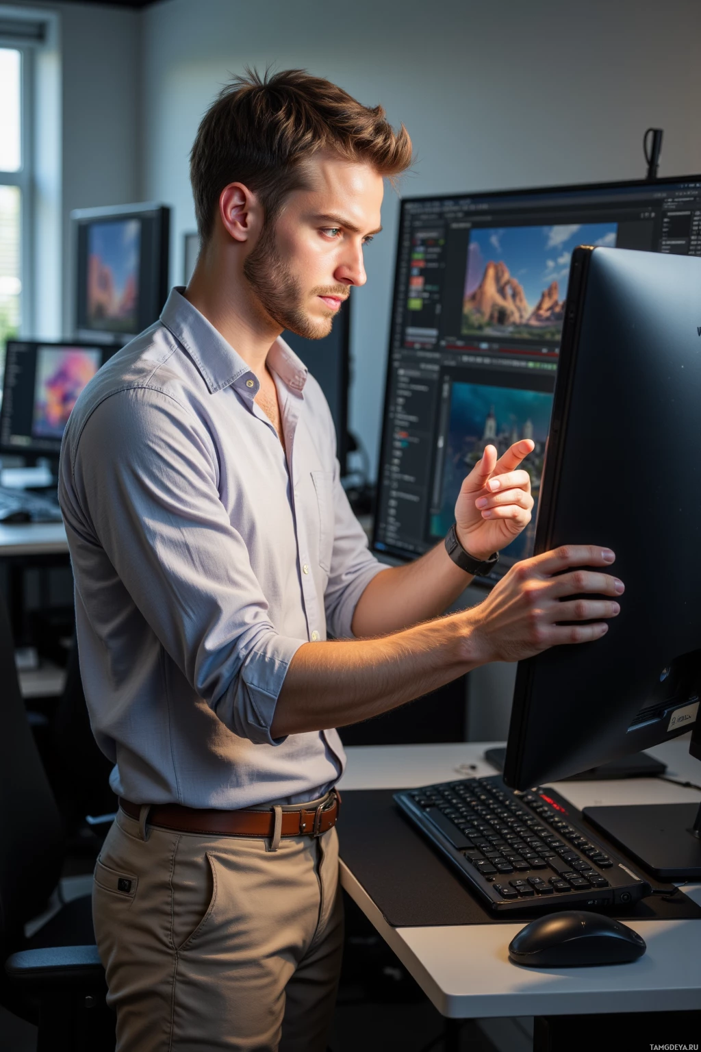 A person is working at a computer, adjusting settings on a monitor.