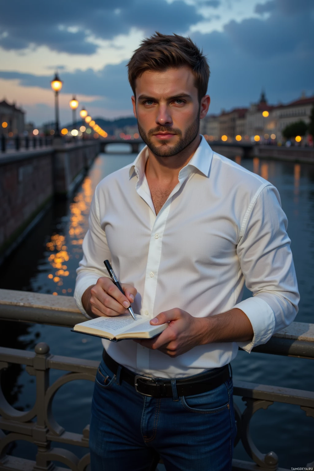 A man in a white shirt and jeans stands by a river, holding a pen and book, with a cityscape and evening lights in the background.