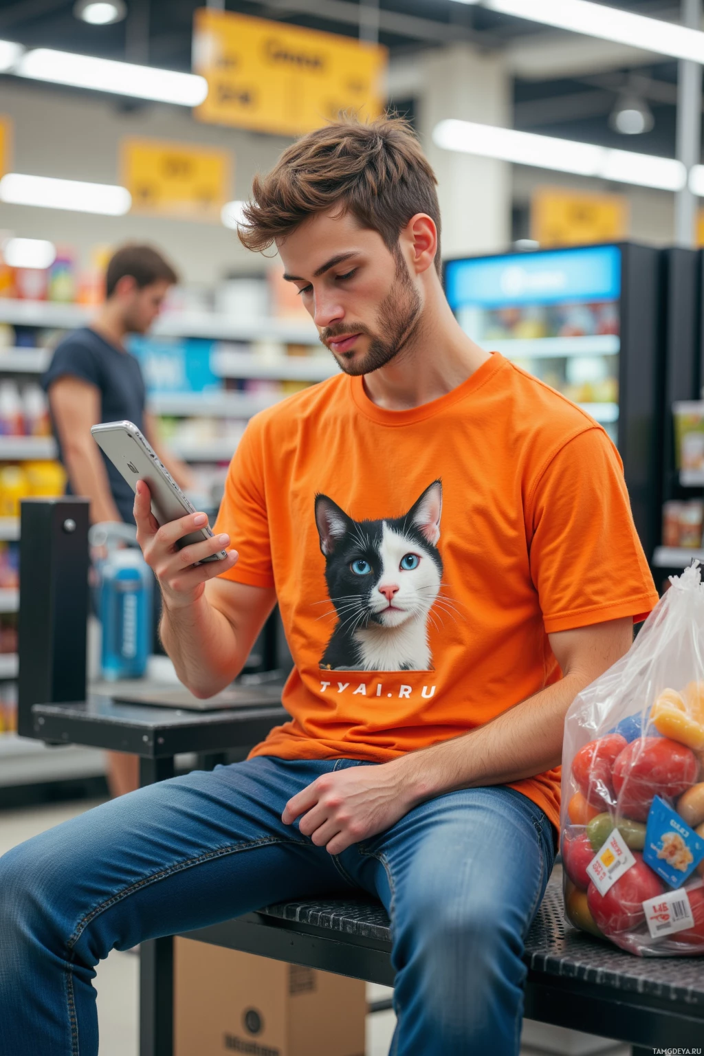 A person wearing an orange t-shirt with a cat design sits in a grocery store aisle, looking at their phone while holding groceries on the counter.