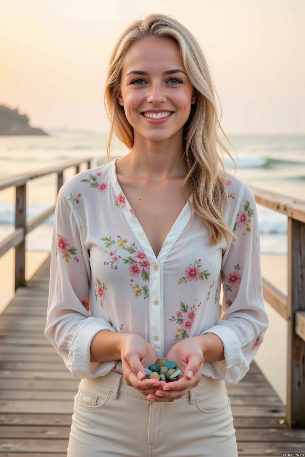 A person stands on a wooden pier holding colorful stones, wearing a floral blouse and beige pants.