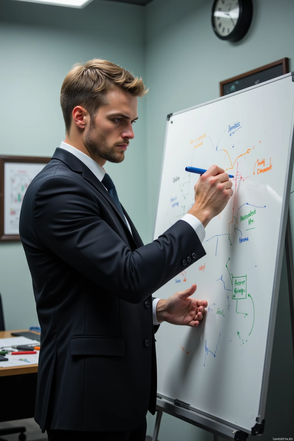 A man in a suit is writing on a whiteboard with markers.
