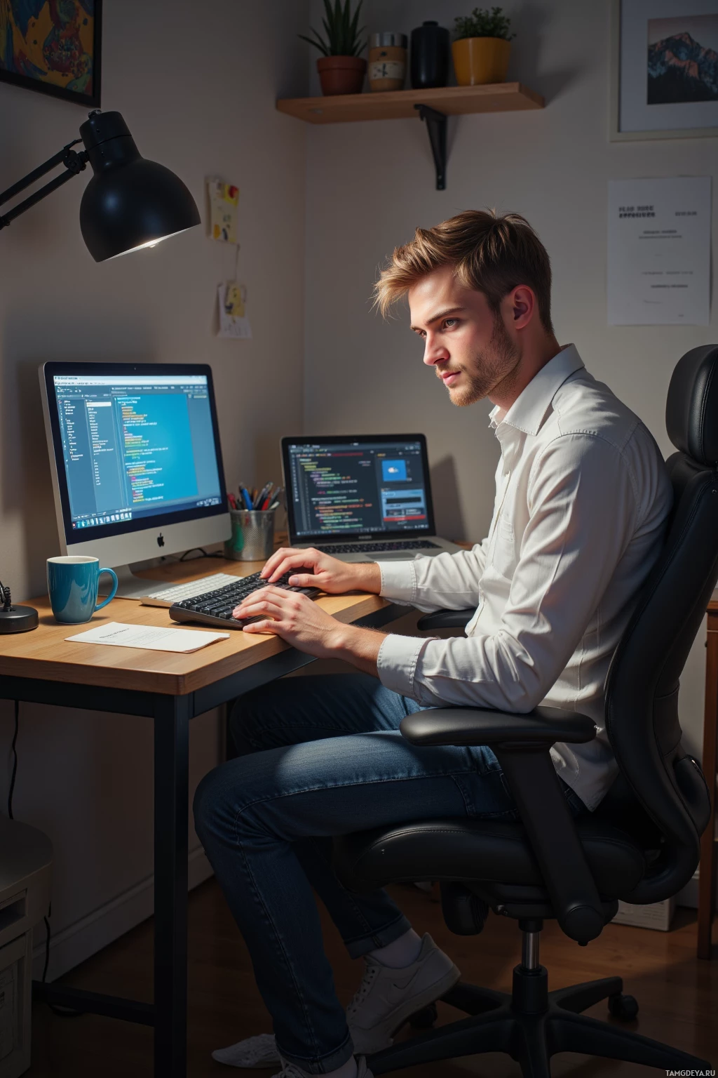 A person is seated at a desk working on two computers in a well-lit home office environment.