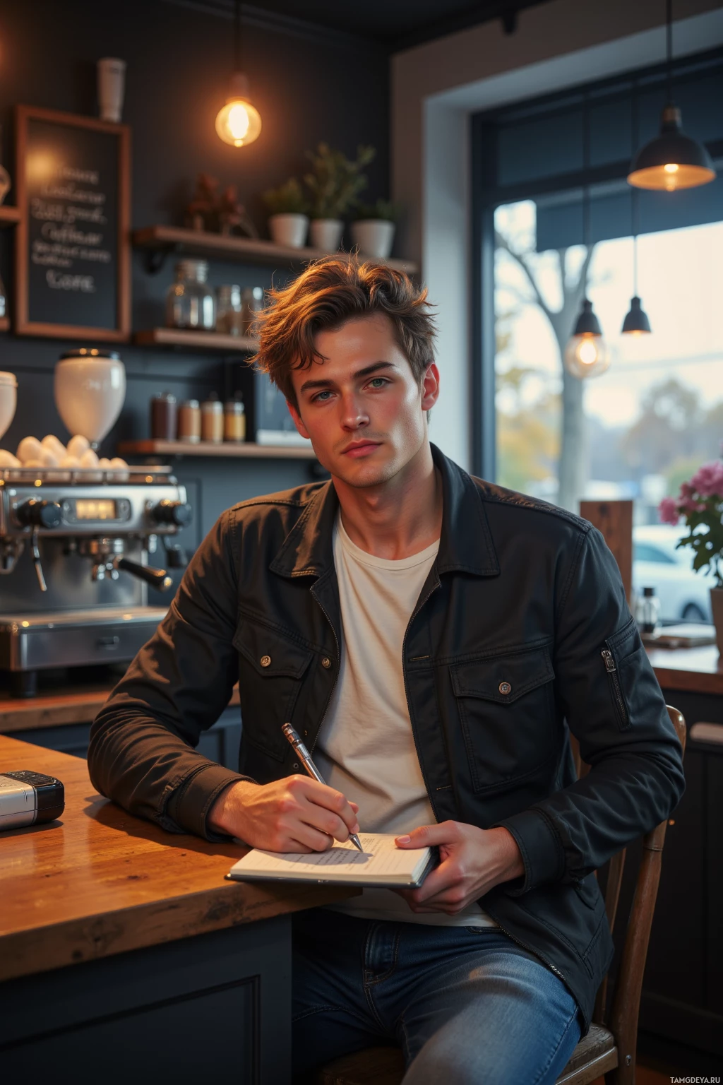 A person sits at a counter in a cozy café, writing in a notebook.