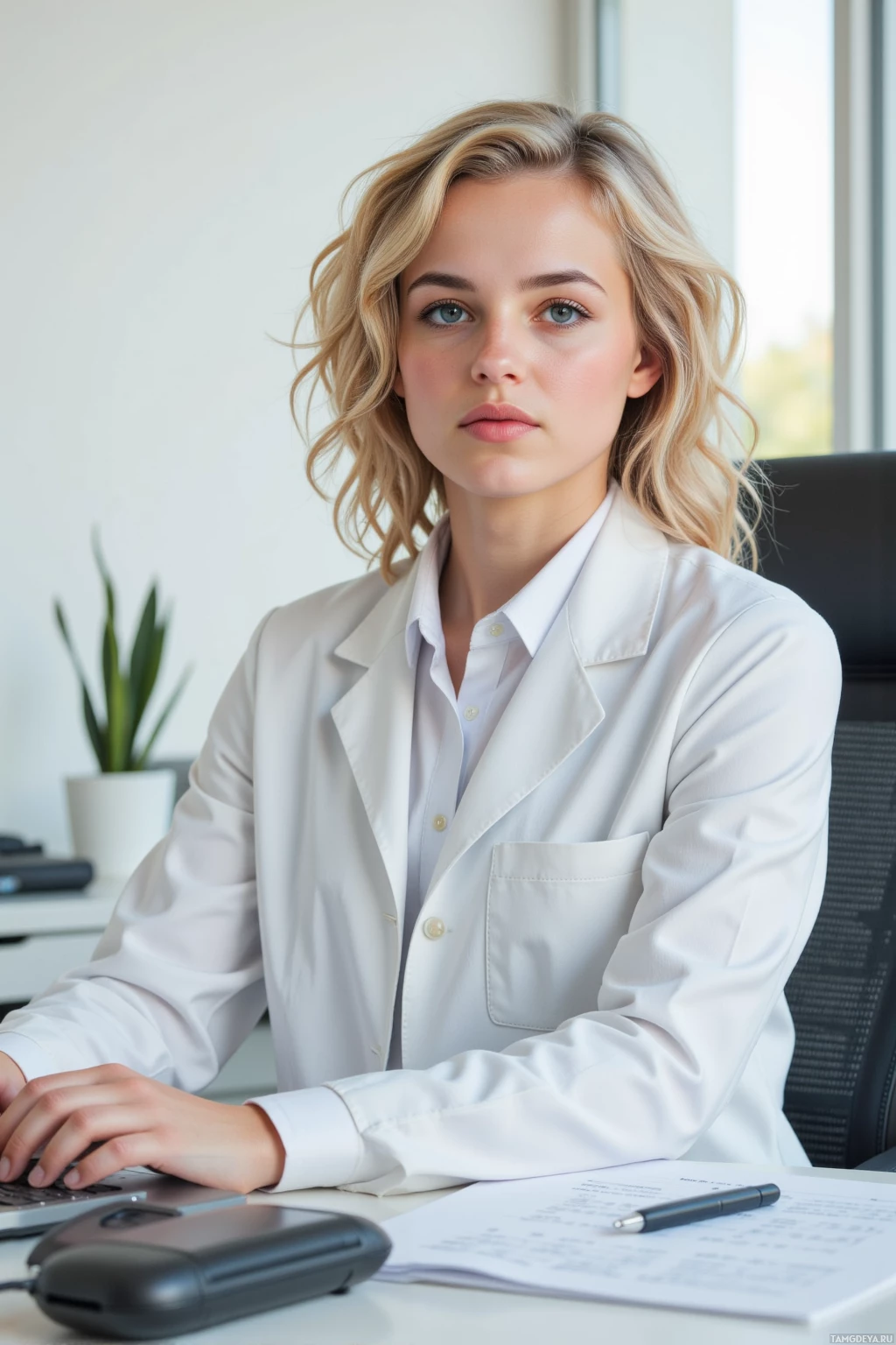 A woman in a white lab coat sits at a desk with a computer and documents.
