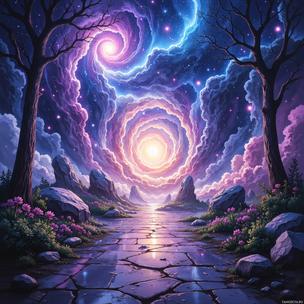 A mystical landscape with a glowing spiral in the sky, surrounded by trees and flowers.