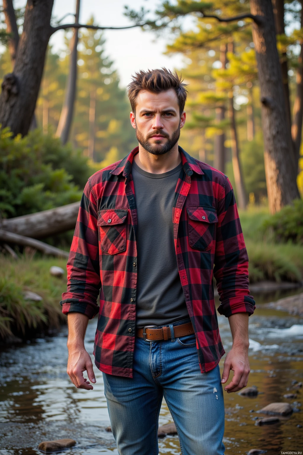 A man stands in a forested area near a stream, wearing a red and black plaid shirt over a gray t-shirt and blue jeans with a brown belt.