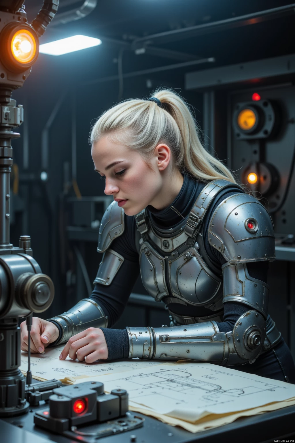 A person in futuristic armor works on a blueprint in a high-tech environment.
