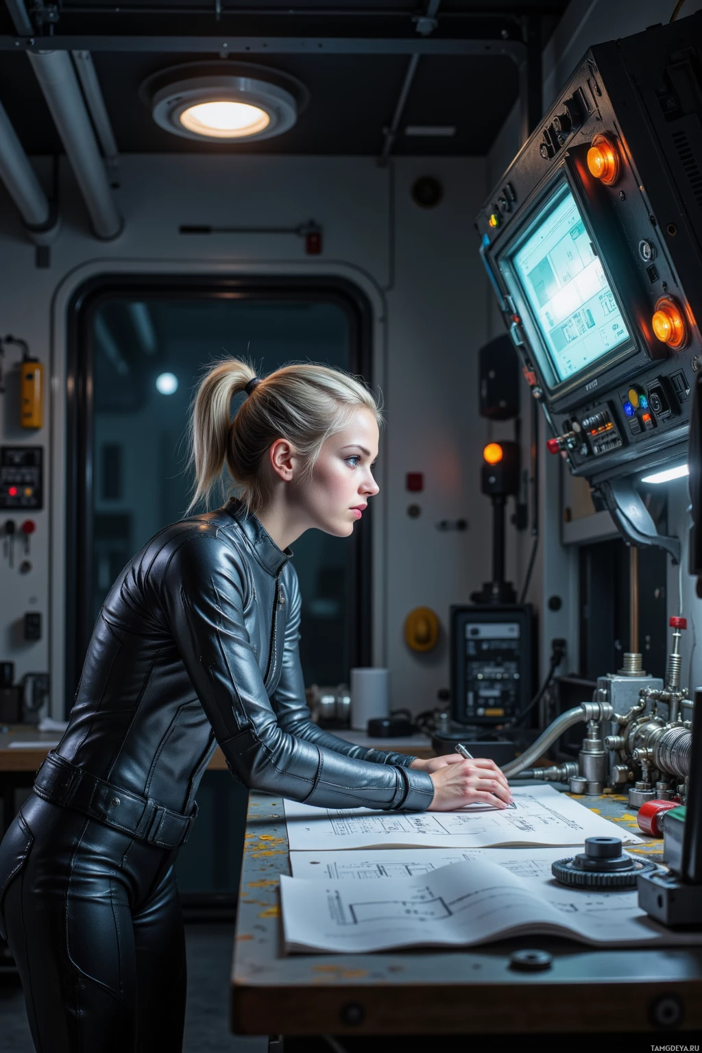 A person in a black leather outfit is working at a desk with technical drawings and a control panel.