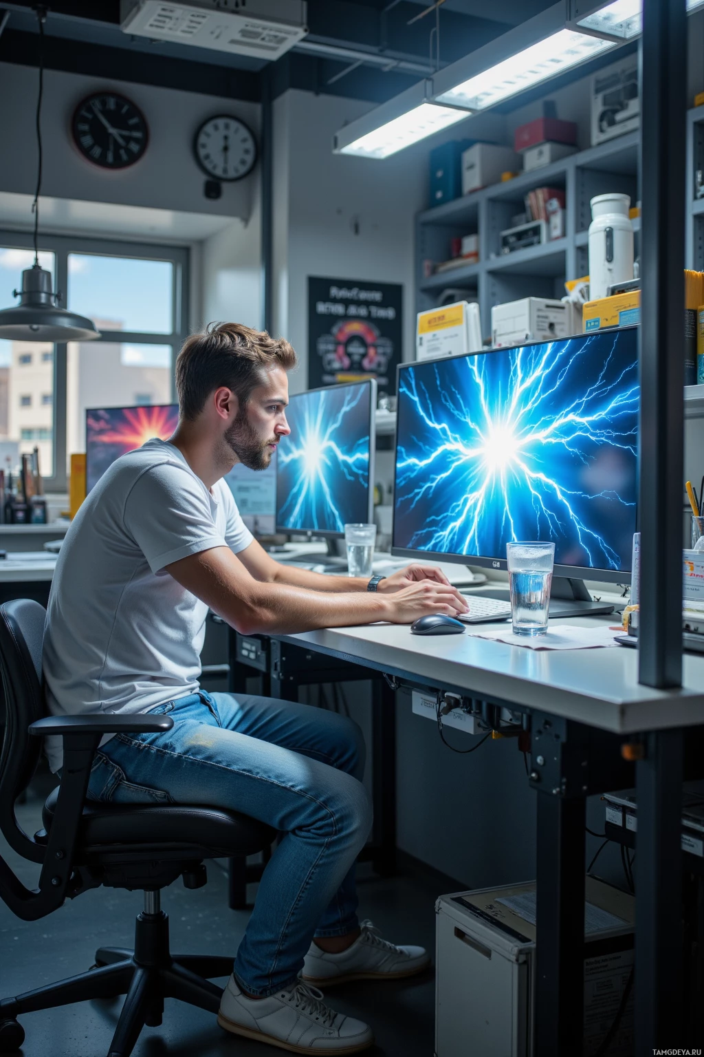 A person is seated at a desk working on a computer with a lightning-themed wallpaper.