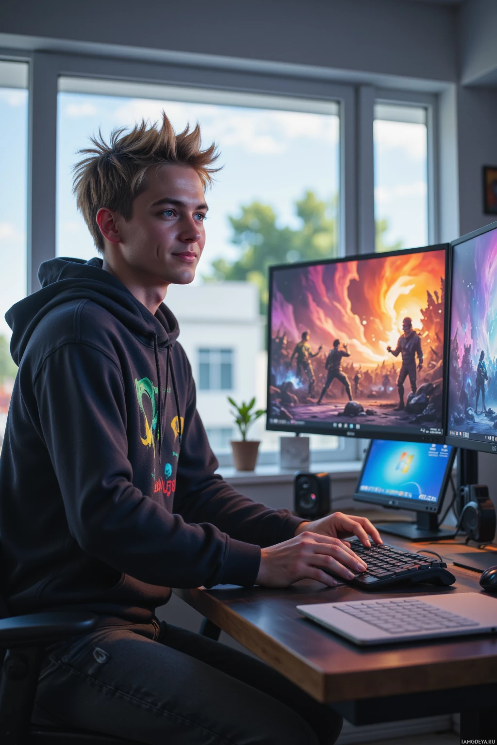 A person is sitting at a desk with multiple monitors, playing a video game.