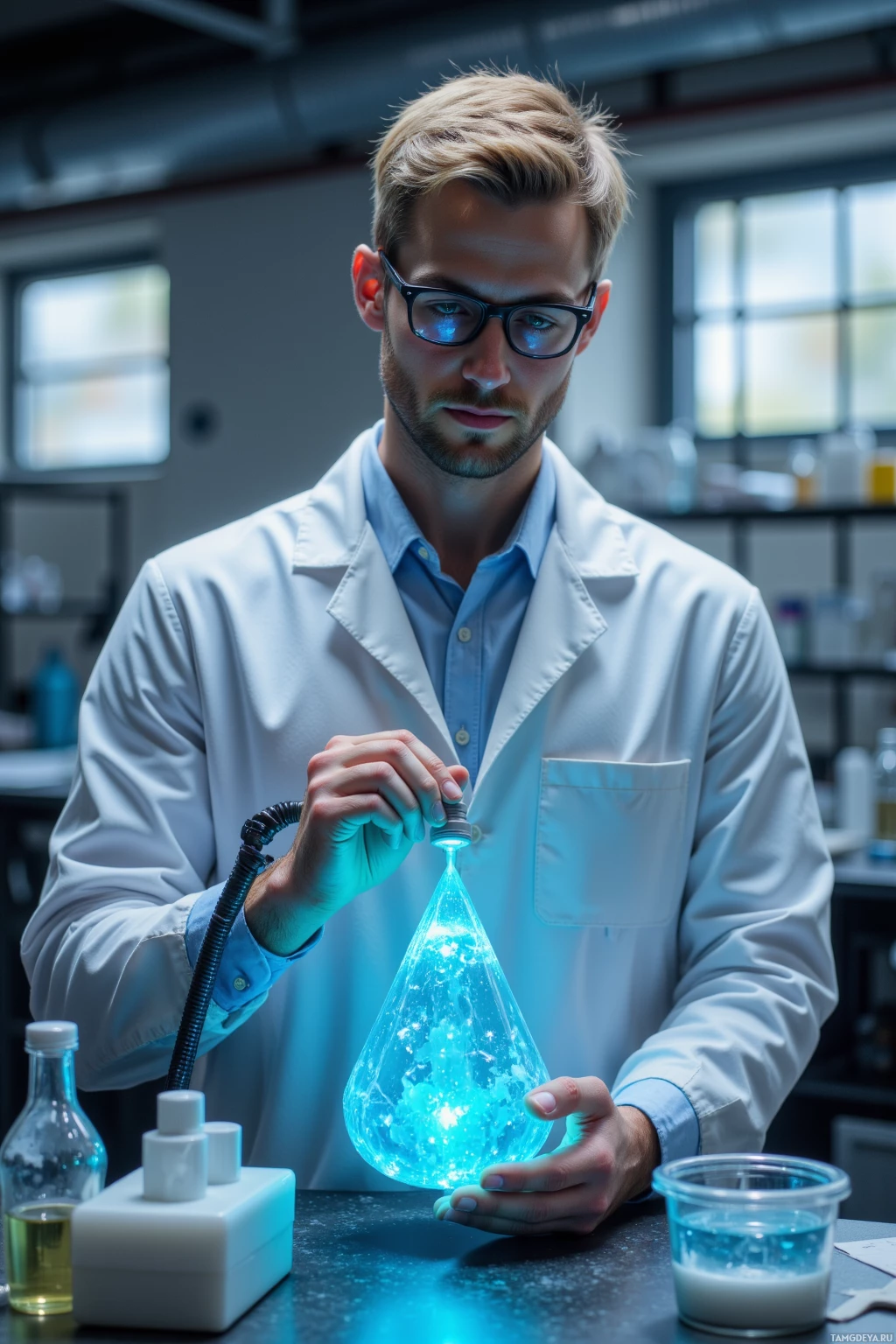 A scientist in a lab coat is conducting an experiment with glowing blue liquid in a flask.