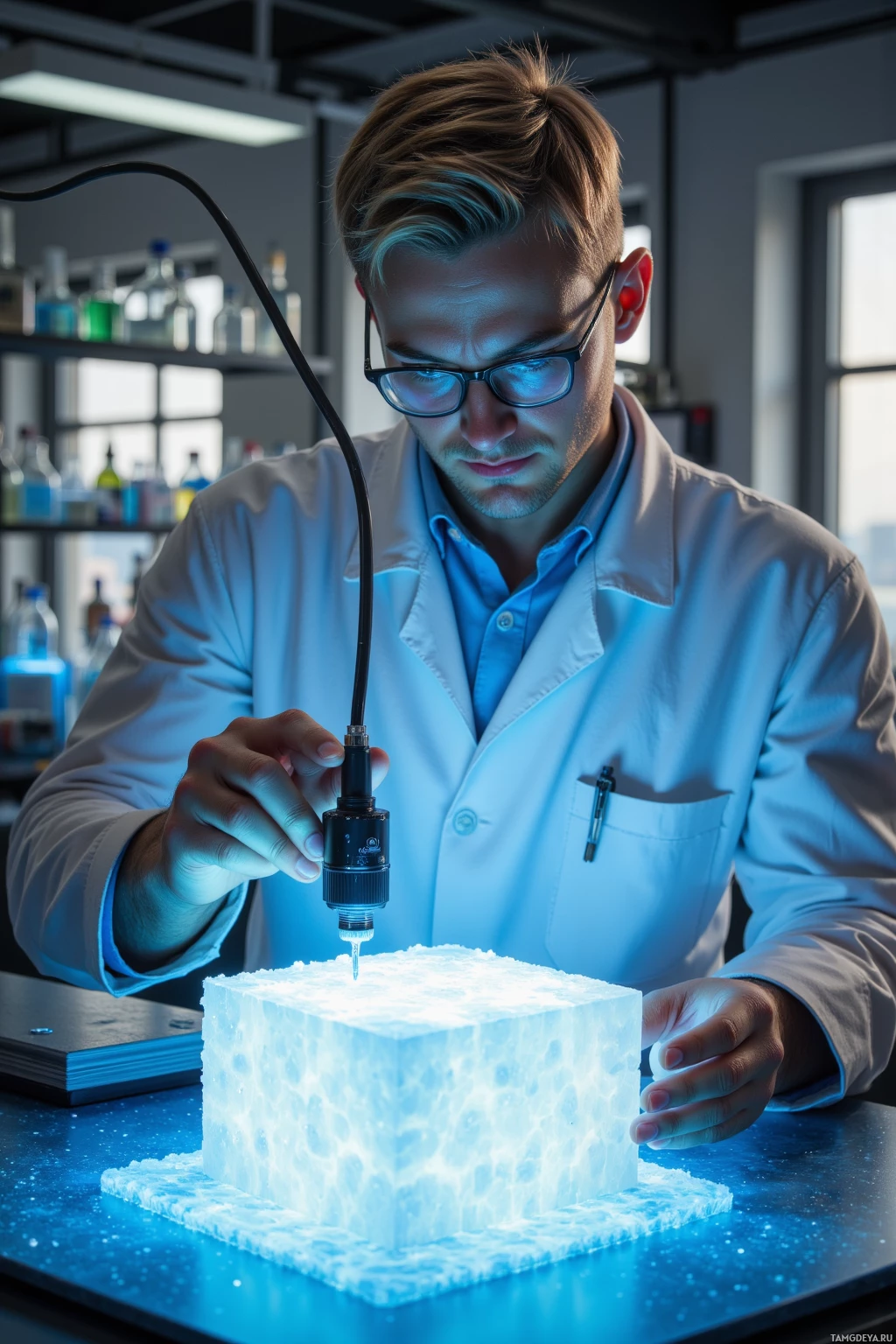 A scientist in a lab coat is using a pipette to work on a glowing, textured cube.
