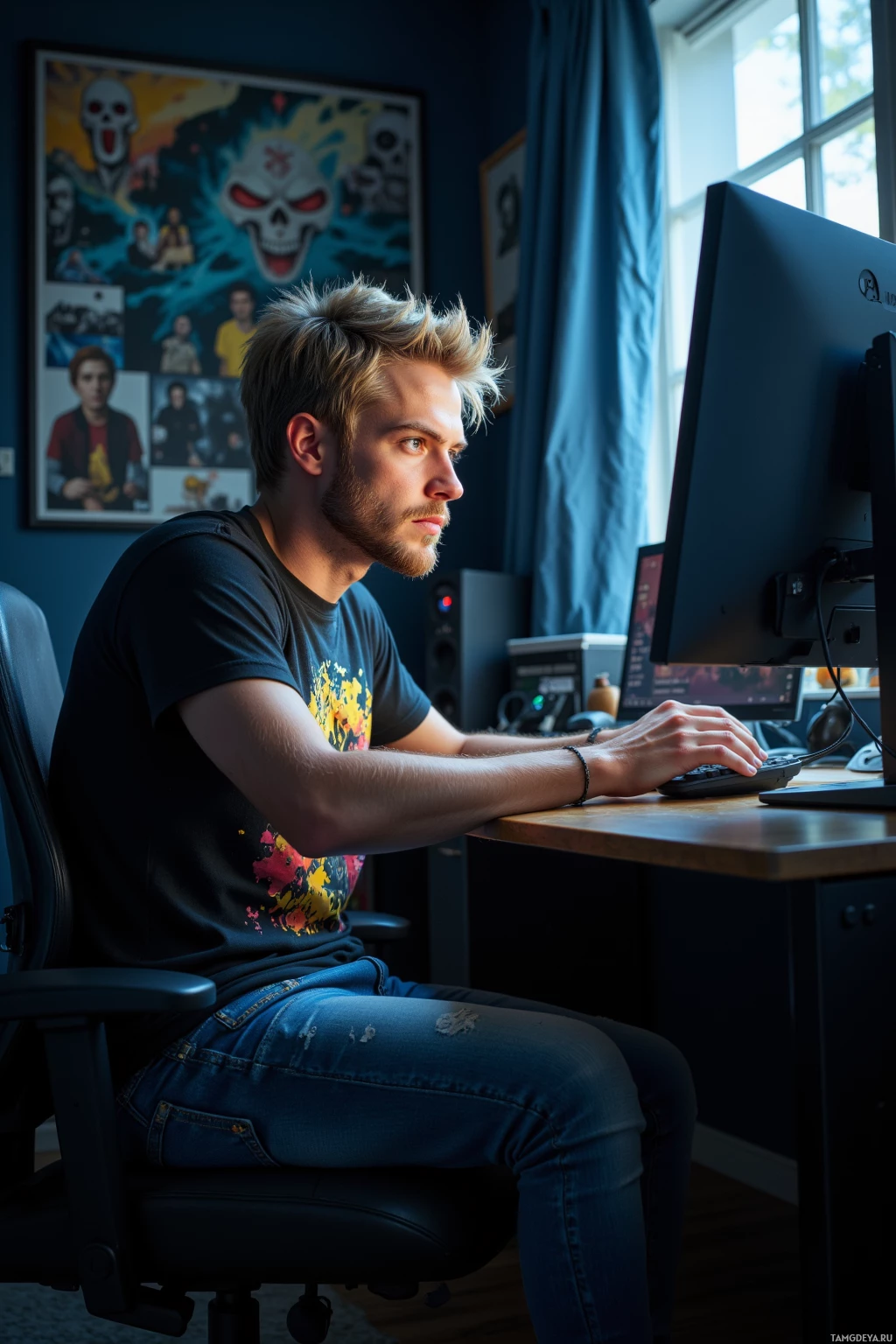 A person is sitting at a desk, working on a computer in a room with posters on the wall.