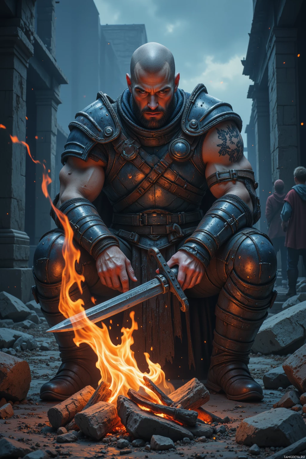 A warrior in armor kneels beside a fire, holding a sword.