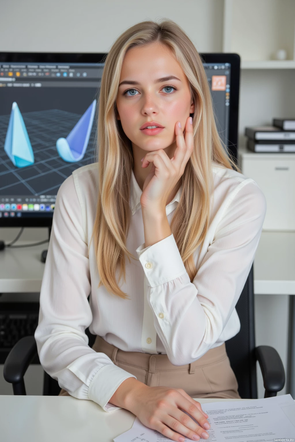 A person in a professional setting with a computer displaying 3D models in the background.