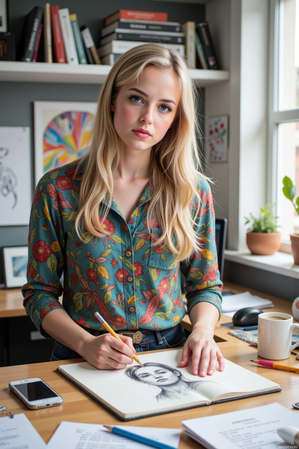 A person is sketching a portrait in a notebook at a desk.