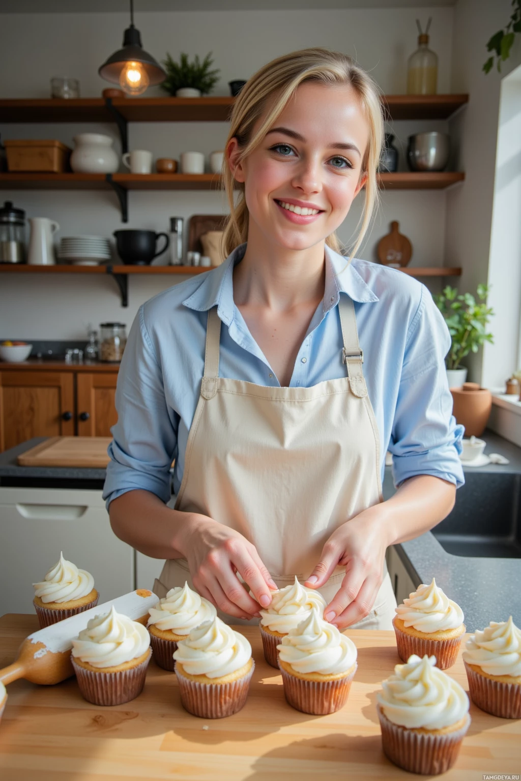 A person in an apron decorates cupcakes with frosting on a kitchen counter.