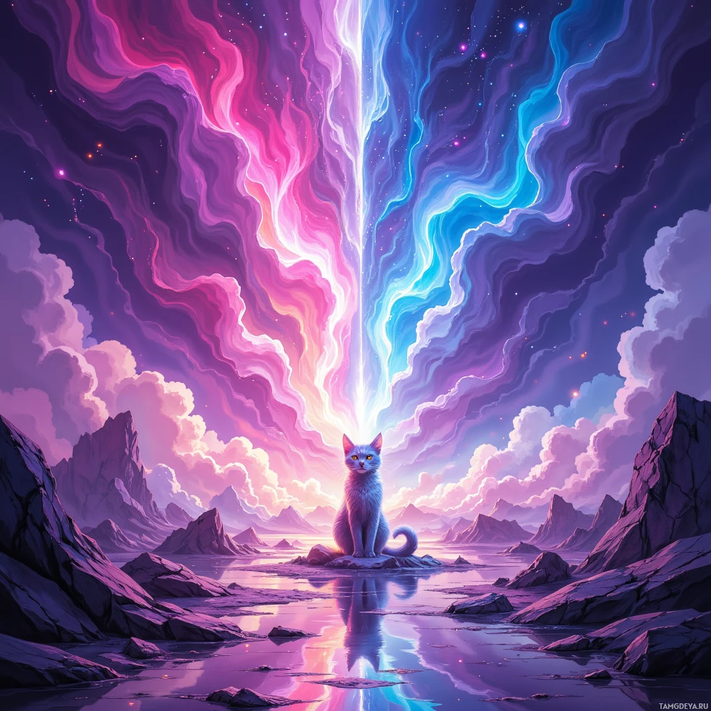 A cat sits on a rock in a surreal landscape with vibrant pink and blue light beams converging above it.