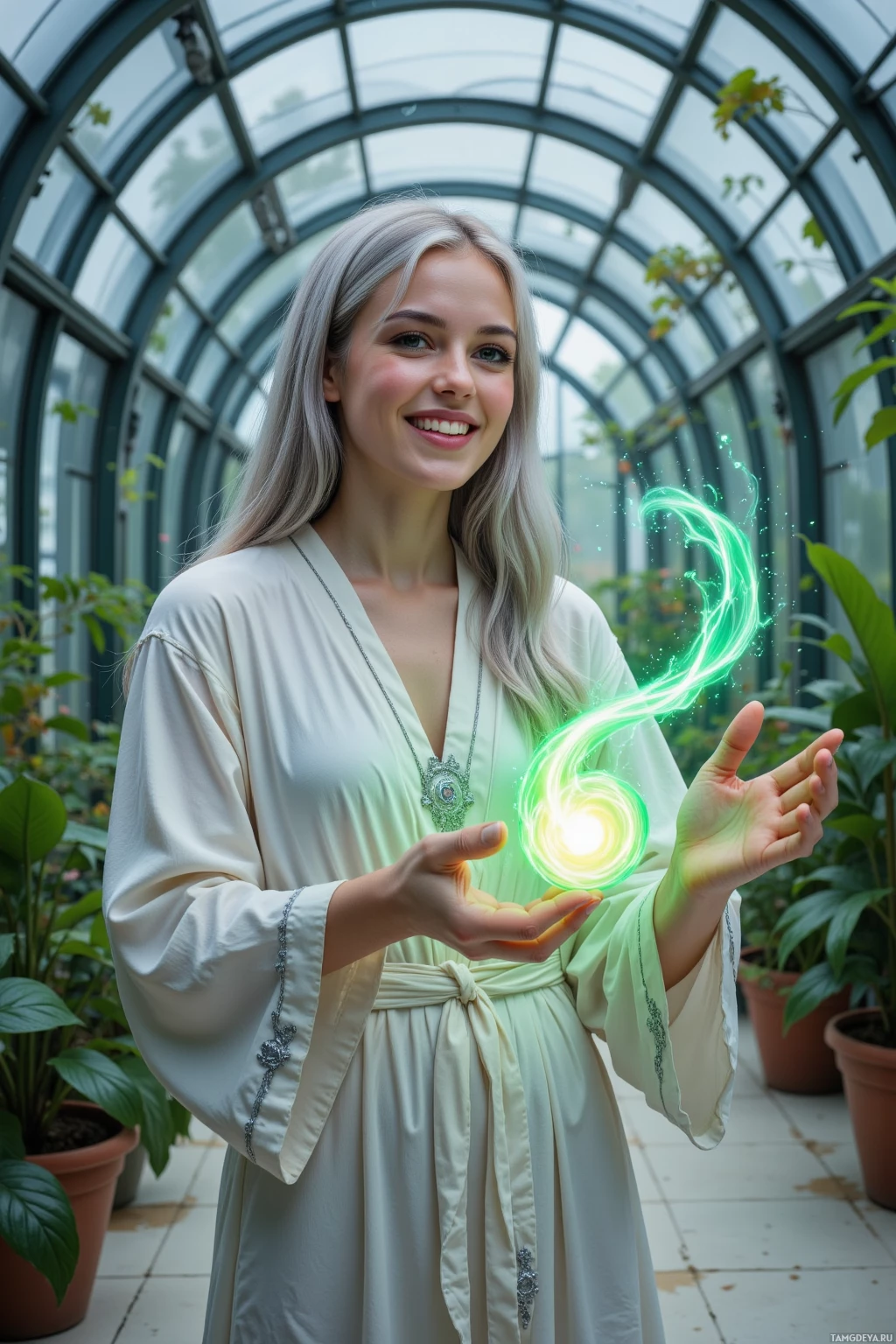 A person in a white robe holds a glowing green orb in a greenhouse setting.