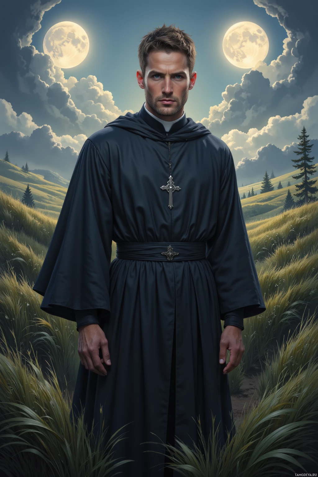 A person in a dark robe with a cross necklace stands in a field under a sky with two full moons.