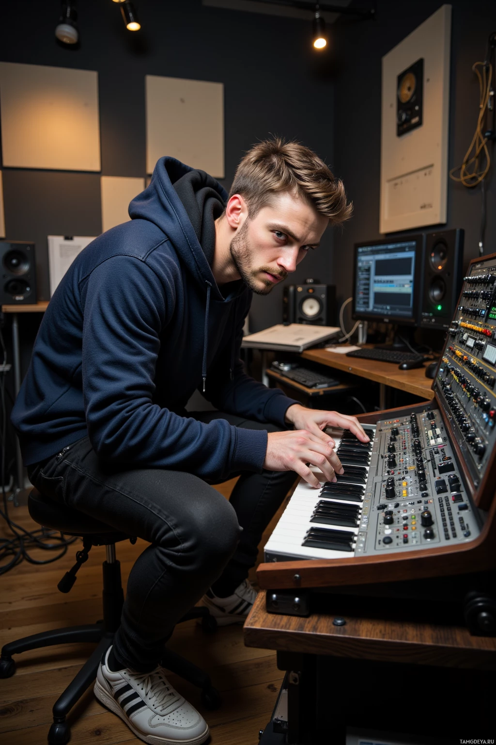 A person is seated in a recording studio, working on a synthesizer with various controls and a computer monitor displaying audio software in the background.