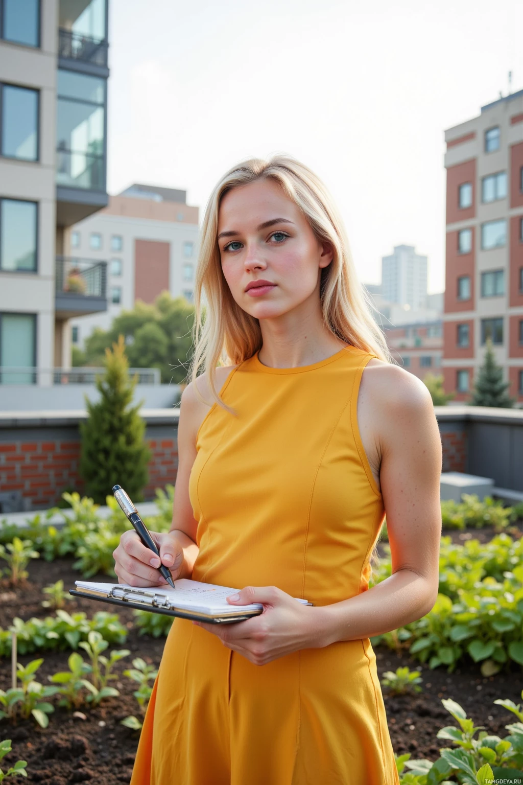 A person in a yellow dress holds a clipboard and pen, standing outdoors with buildings in the background.