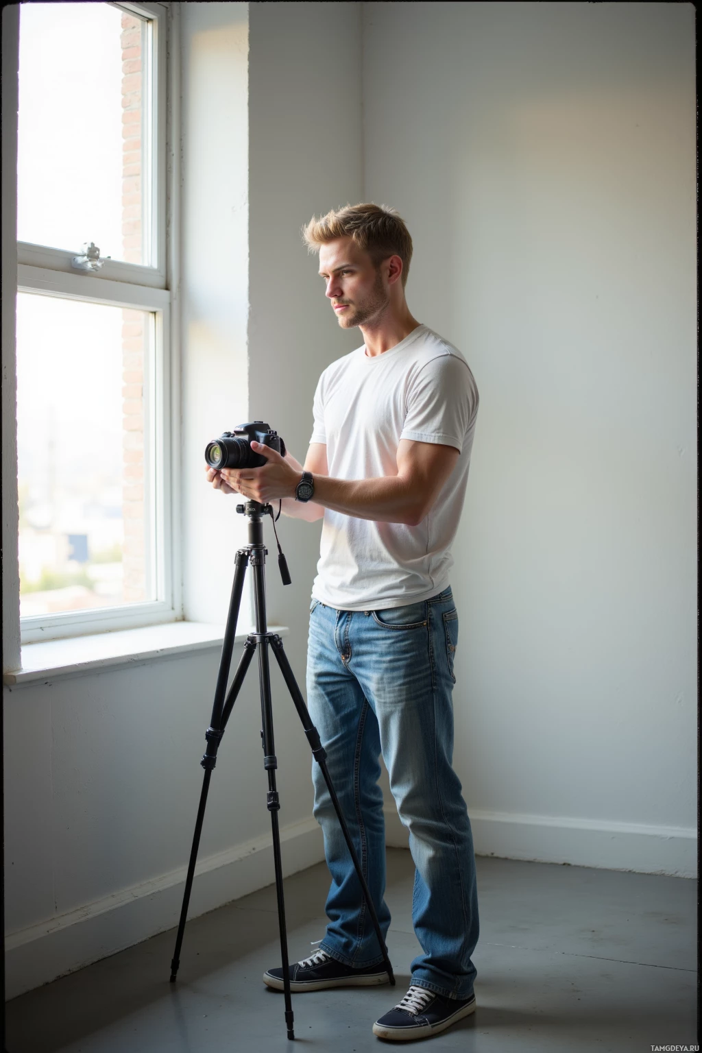 A person stands by a window, holding a camera on a tripod.