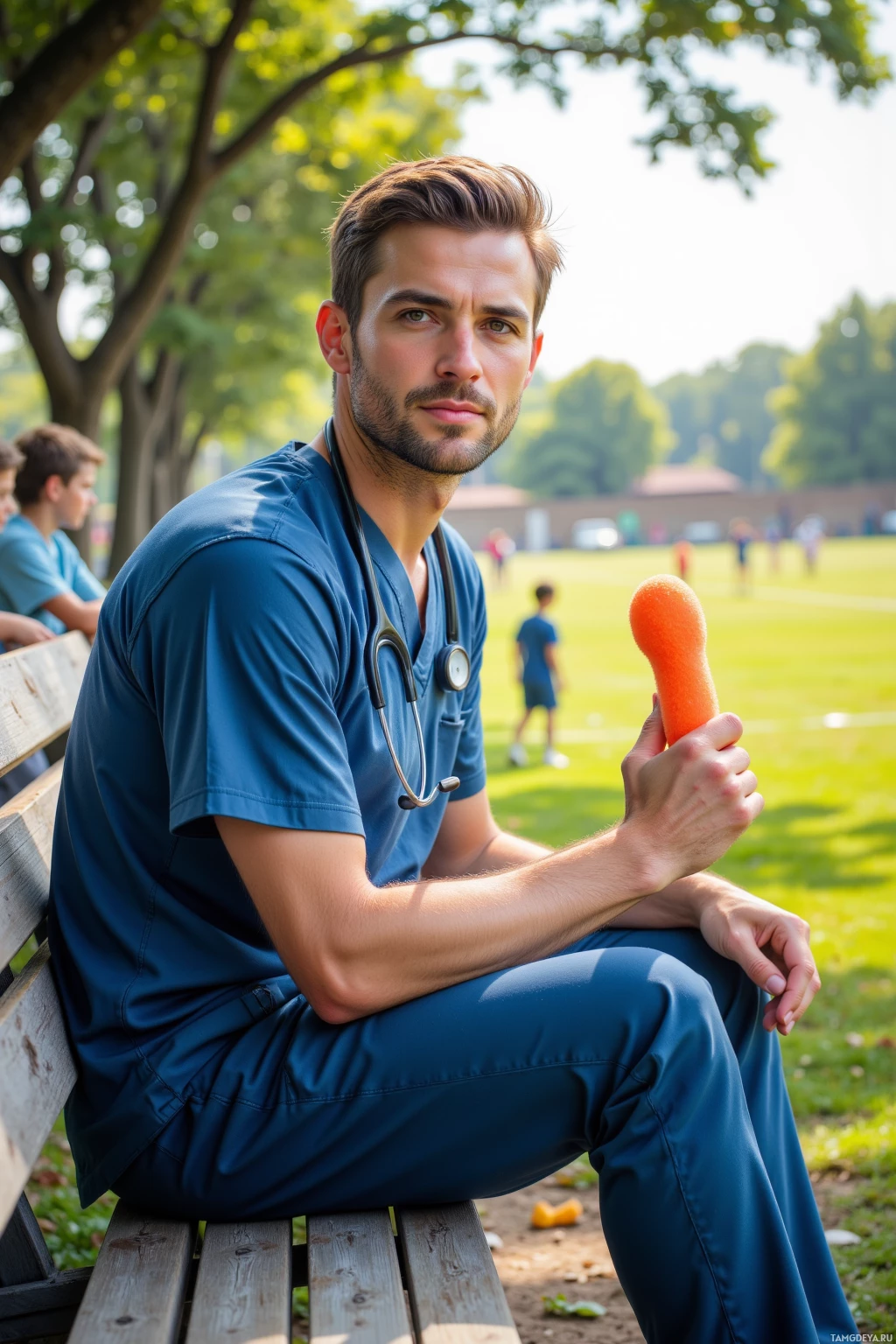 A person in blue scrubs sits on a bench holding a carrot.