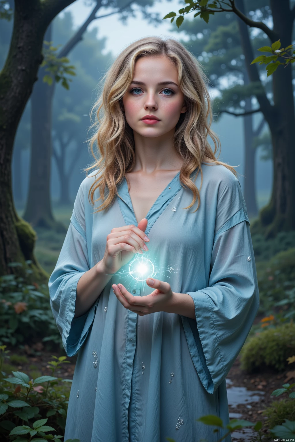 A person in a blue robe stands in a misty forest, holding a glowing orb.
