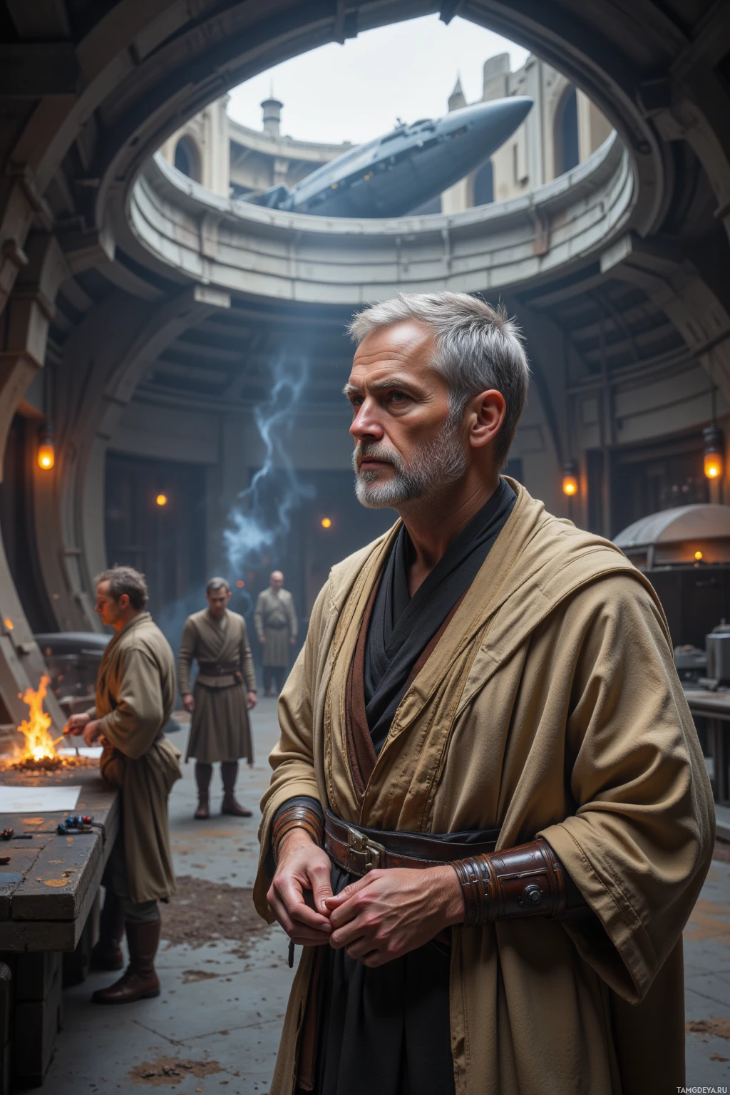 A person in Jedi robes stands in an industrial setting with others and a flying vehicle visible above.