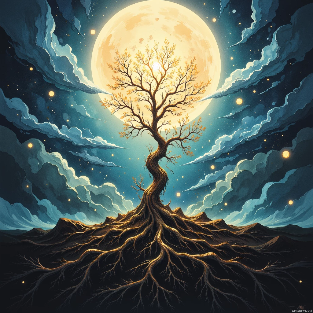 A tree with intricate roots stands against a backdrop of a full moon and starry sky.