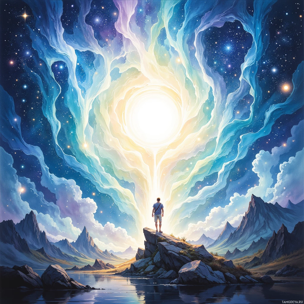 A person stands on a rocky outcrop overlooking a serene landscape with mountains and a glowing portal in the sky.