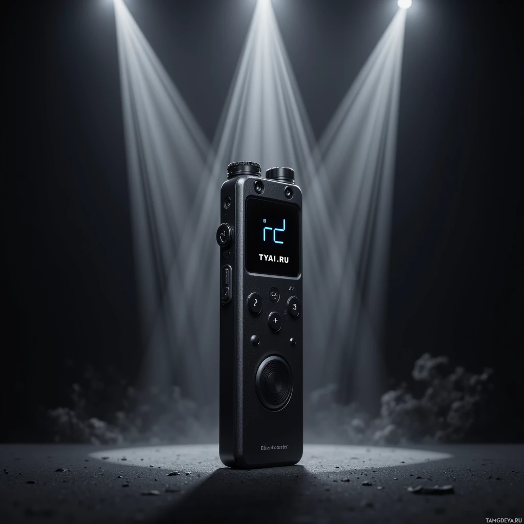 A sleek black device with a digital display and buttons, illuminated by spotlights against a dark background.