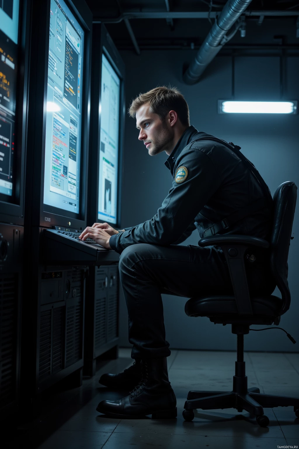 A person in uniform is seated at a desk working on a computer in a dimly lit room with multiple monitors displaying data.