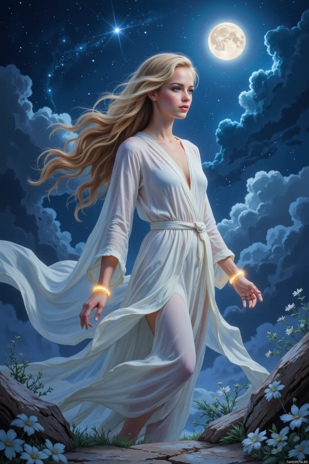 A woman in a flowing white robe walks under a night sky with a full moon and stars.