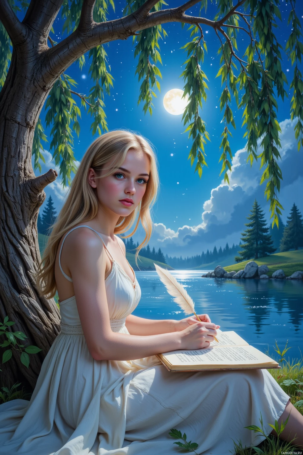 A person in a white dress sits under a tree by a serene lake at night, holding a quill and writing in an open book.